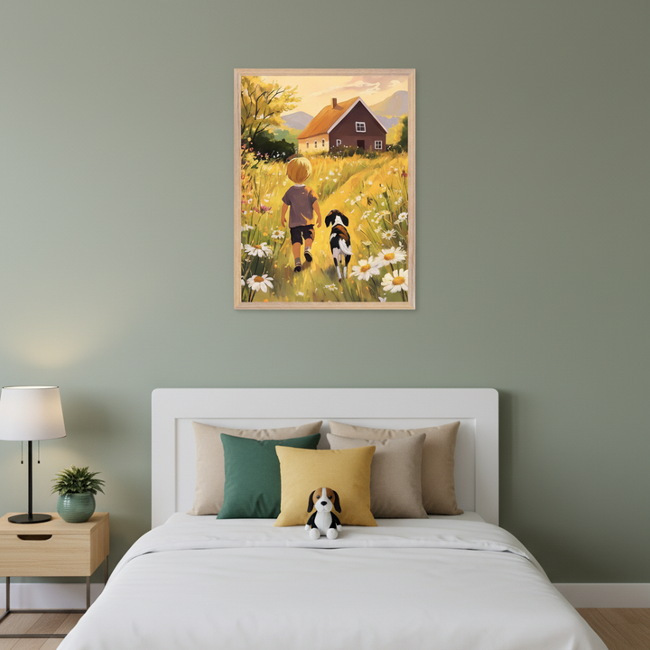 Bedroom with sage green walls, a white bed, and a light wood nightstand. A framed painterly print above the bed depicts a blond child and a dog walking through a daisy field toward a red-roofed house at sunset.