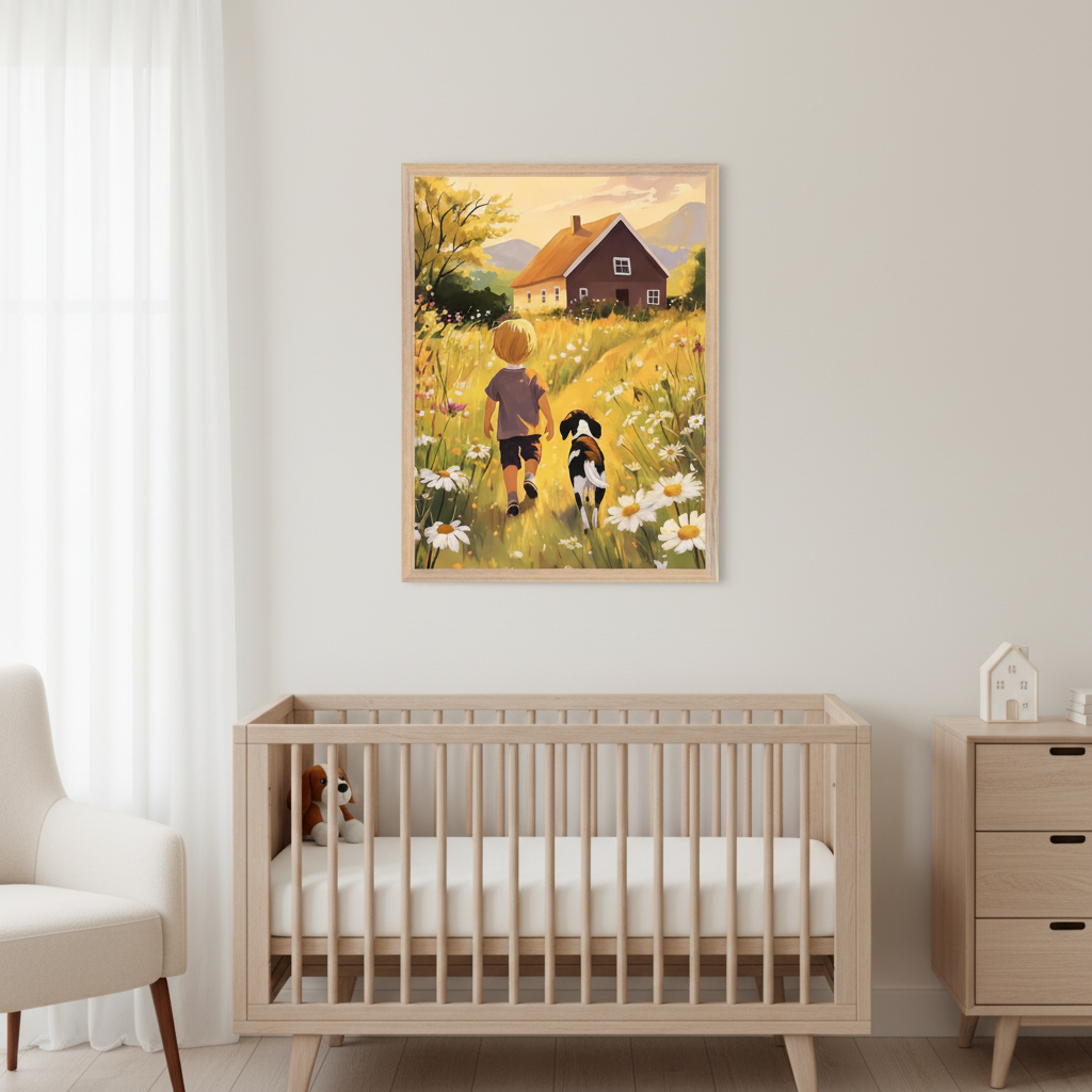 Modern nursery with a light wood crib, cream armchair, and dresser. A framed painting of a blond child and dog walking on a daisy path to a brown house with mountains hangs on the wall above the crib.