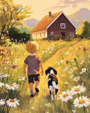 A young boy and a dog walk through a sunlit meadow filled with daisies towards a cozy house with a sloped roof. The scene is set against a backdrop of rolling hills and a golden sky, evoking a sense of warmth and tranquility.