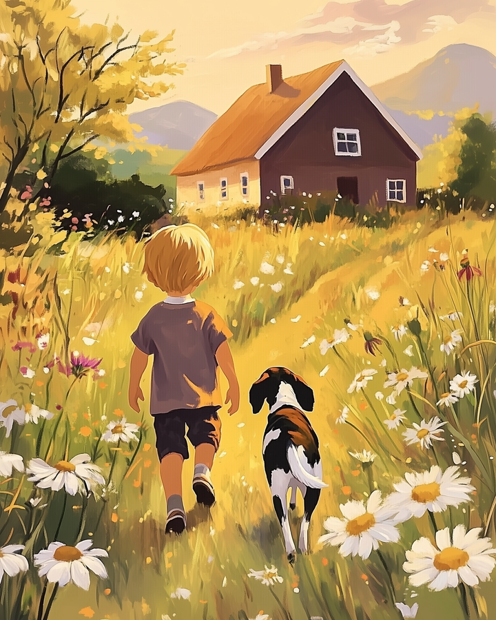 A young boy and a dog walk through a sunlit meadow filled with daisies towards a cozy house with a sloped roof. The scene is set against a backdrop of rolling hills and a golden sky, evoking a sense of warmth and tranquility.