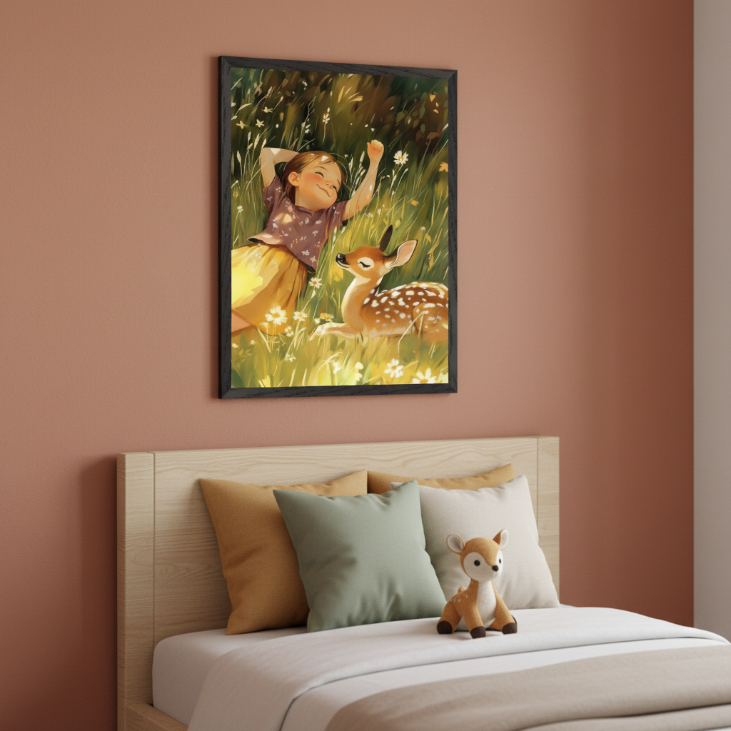 Kid's bedroom with a light wooden bed against a terracotta wall. A black-framed illustration of a smiling girl and a fawn in a sunny flowery field hangs above the bed. Three pillows and a deer plushie are on the bed.