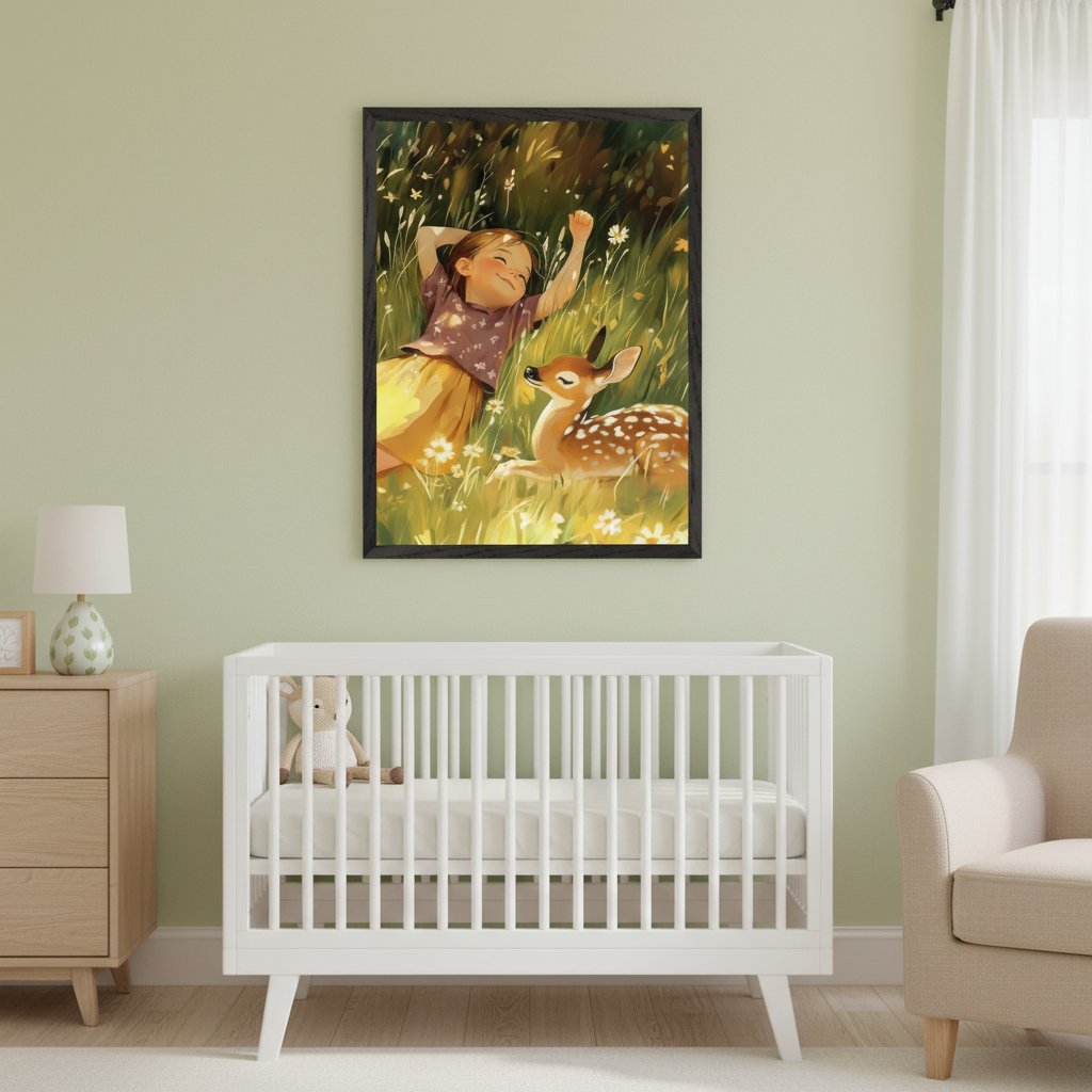 Modern nursery with light green walls. A white crib, wooden dresser, and beige armchair are visible. A large framed print, centered above the crib, depicts a smiling girl lying in a sunny meadow with a spotted fawn, in a painterly style.