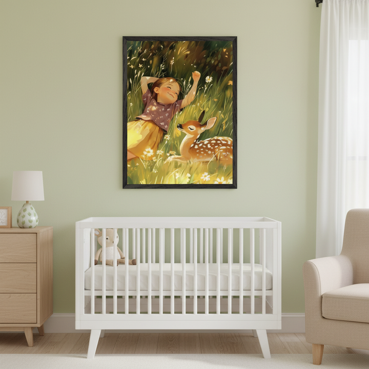Modern nursery with light green walls. A white crib, wooden dresser, and beige armchair are visible. A large framed print, centered above the crib, depicts a smiling girl lying in a sunny meadow with a spotted fawn, in a painterly style.