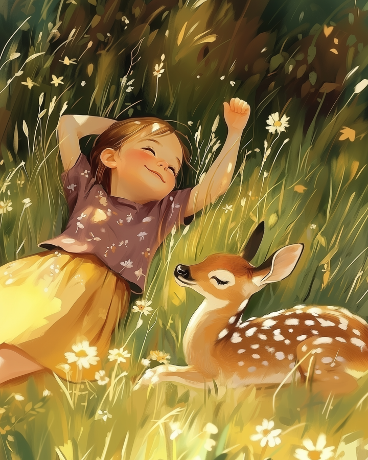 A young girl lies happily in a sunlit meadow, surrounded by wildflowers, with a content expression and one arm raised. Beside her, a fawn with white spots rests peacefully among the grass, creating a serene and charming scene.