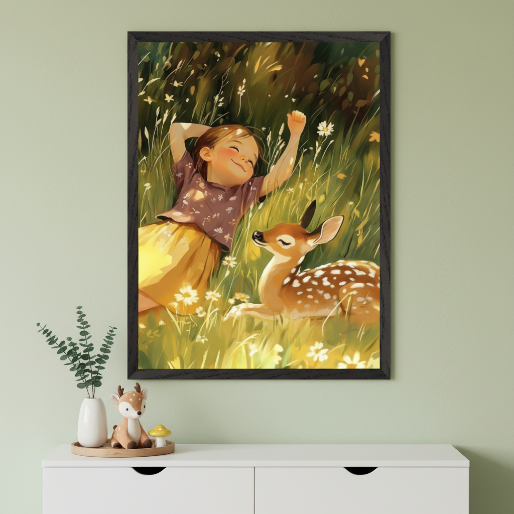Framed illustration of a smiling young girl lying in a sunlit meadow, surrounded by tall grass and white wildflowers, beside a resting fawn with white spots. The cozy woodland scene is displayed above a white dresser decorated with deer-themed items and a vase with greenery.