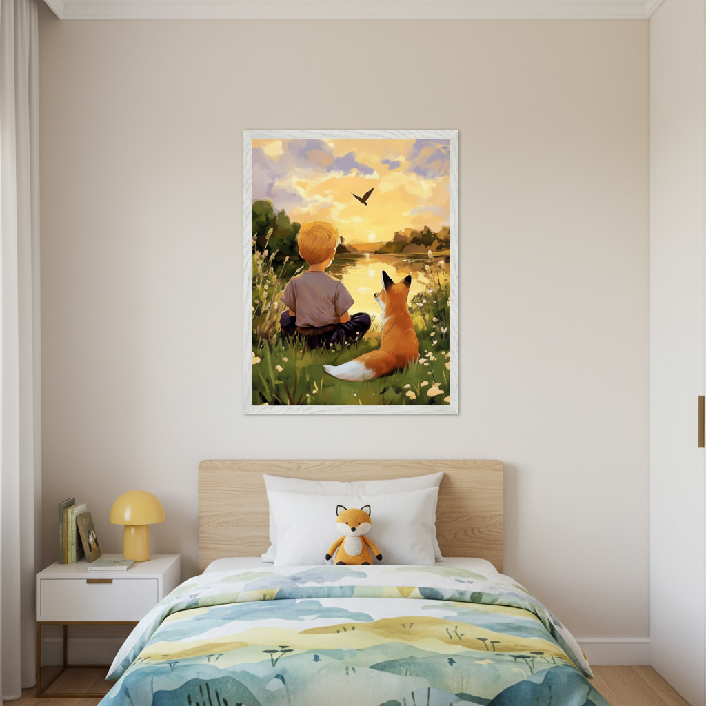 Kid's bedroom with a wooden bed frame, white nightstand, and yellow lamp. A framed painting of a boy and a fox sitting by a lake at sunset hangs centered above the bed.