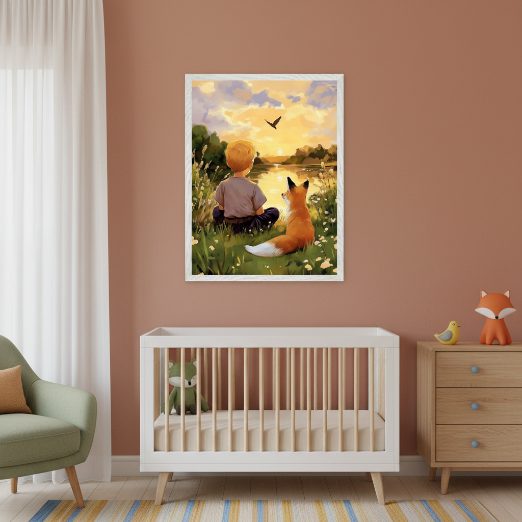 Modern nursery with a white crib, light wood dresser, and green armchair. A white-framed illustration of a boy and a fox sitting by a lake at sunset hangs on the wall above the crib and dresser.