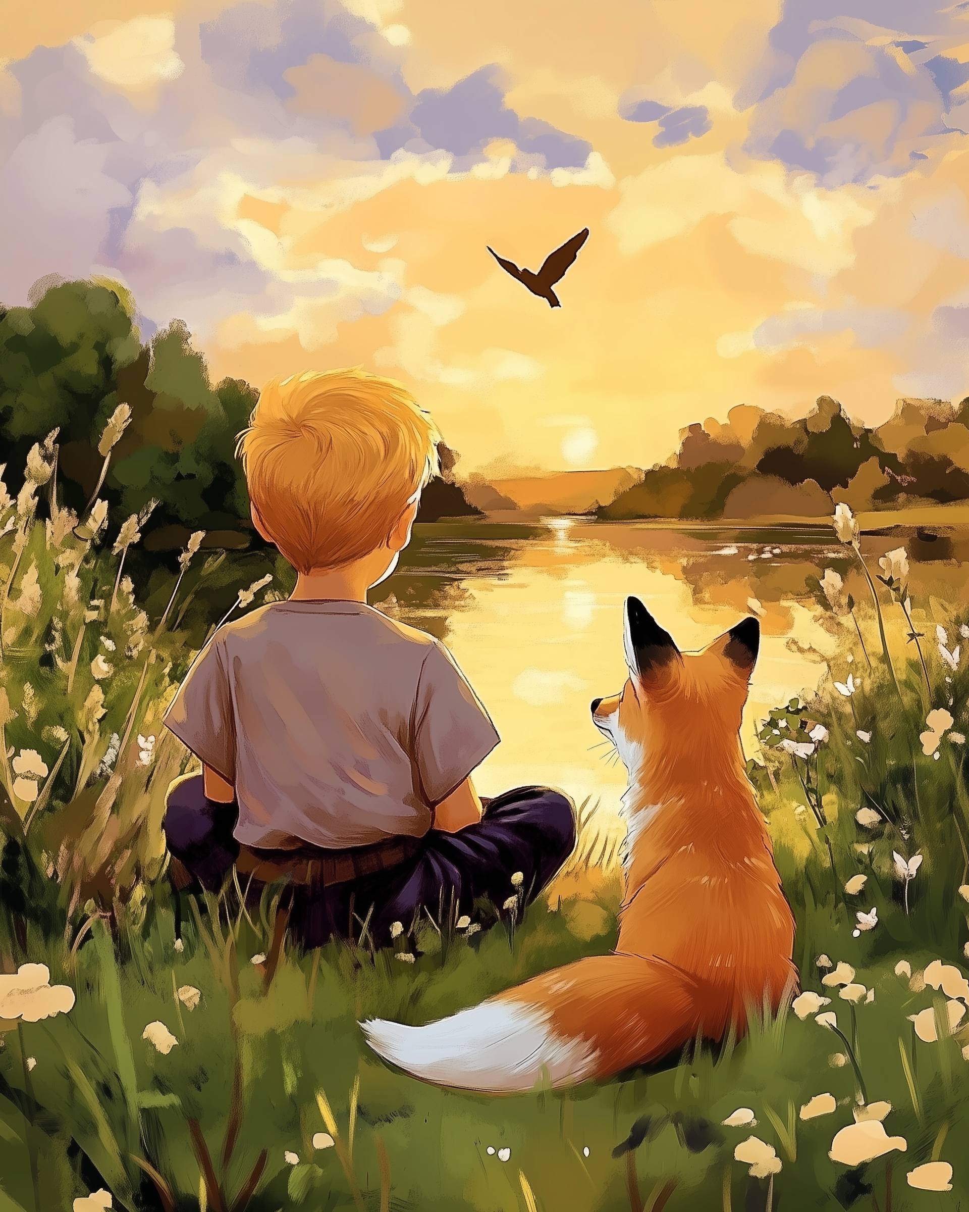 Meadow Lake Fox Wall Art for Nursery, Playroom or Kids Bedrooms - Sunset Friendship Scene - Foxlight