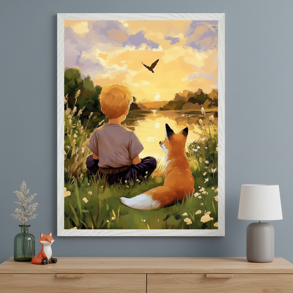 Framed painting of a young boy and a fox sitting side by side in a field of wildflowers, gazing at a glowing sunset over a calm river as a bird soars overhead. The artwork hangs above a wooden dresser decorated with a ceramic fox, a glass vase, and a minimalist lamp.