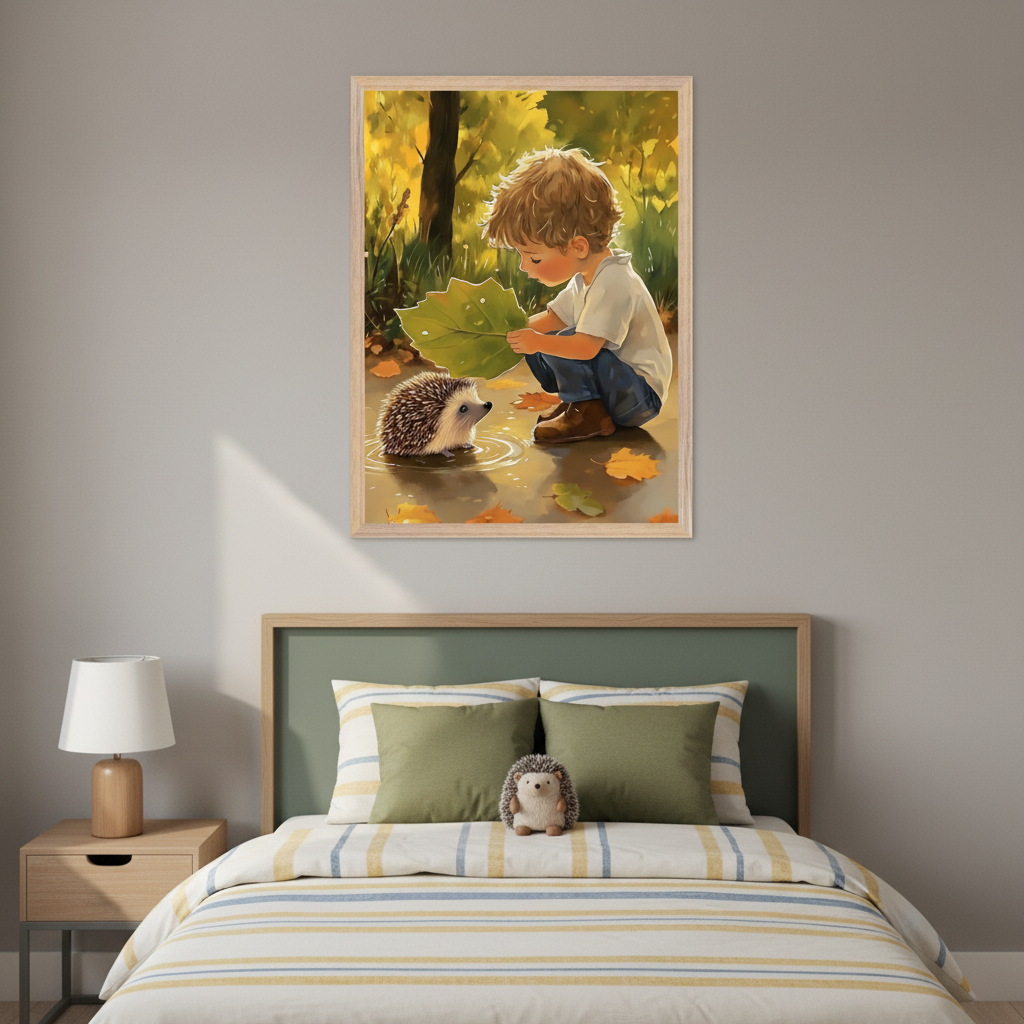 Modern kid's bedroom with a bed, green headboard, and bedside table. A large framed illustration of a boy holding a leaf interacting with a hedgehog in a puddle hangs above the bed.