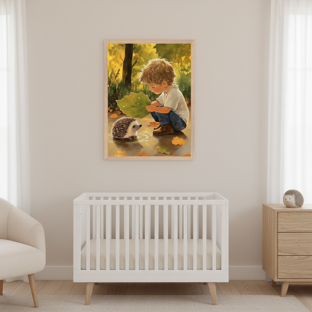 Modern nursery with a white crib, cream armchair, and wooden dresser. A framed illustrative print of a boy and a hedgehog in a fall scene hangs on the wall above the crib.