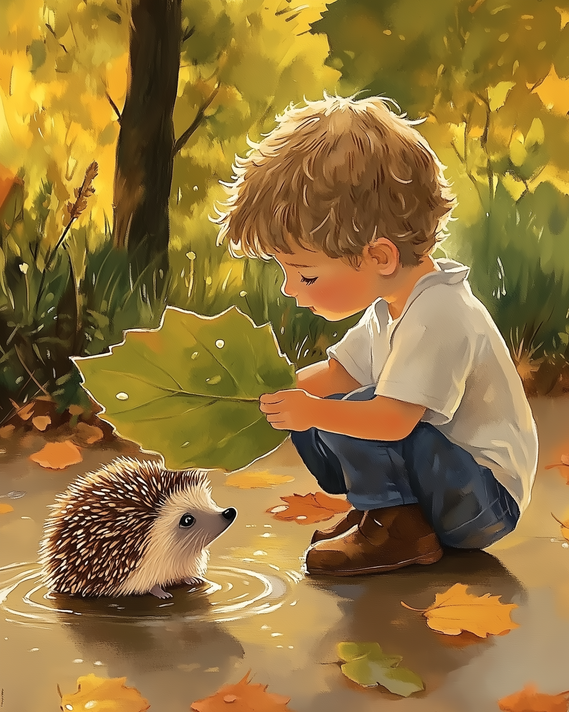 Woodland Meadow Hedgehog Wall Art for Nursery, Playroom or Kids Bedrooms - Leaf Friendship Scene - Leaf Shelter