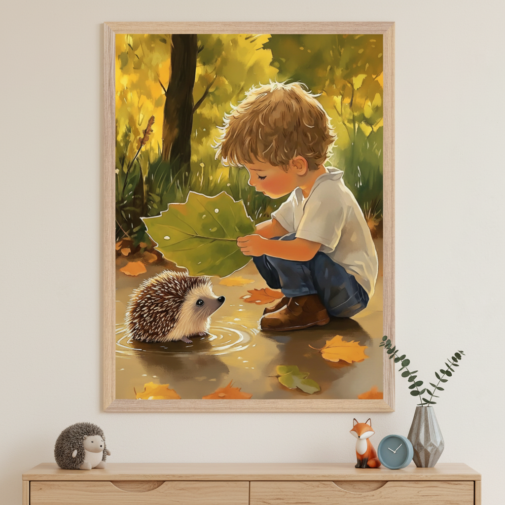 Framed painting of a young boy crouching beside a puddle, holding a large green leaf over a hedgehog as if offering shelter. The autumnal forest background glows with golden light, and the dresser below is decorated with a plush hedgehog, a fox figurine, a clock, and a vase with greenery.