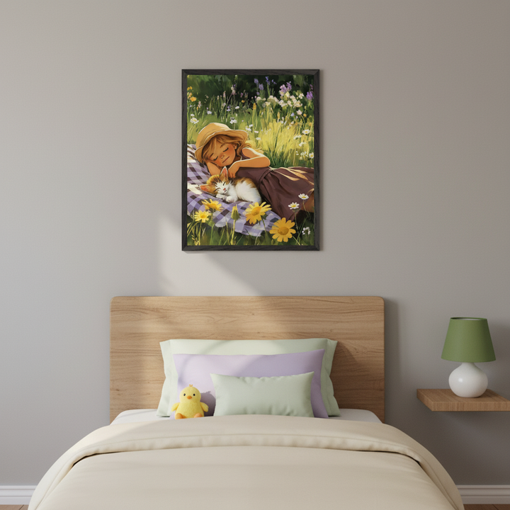 Bedroom with a wooden bed, pastel pillows, and a yellow chick plush. A framed illustration of a girl and a cat sleeping in a flowery field hangs above the right side of the bed. A bedside shelf with a green lamp is on the right.