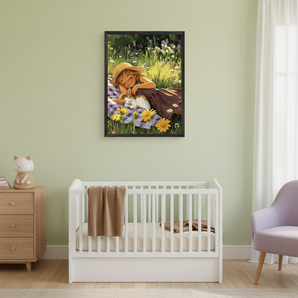 Modern nursery with a white crib, wooden dresser, and purple armchair. A framed illustration of a girl and cat sleeping in a flower field hangs centered on the light green wall above the crib.