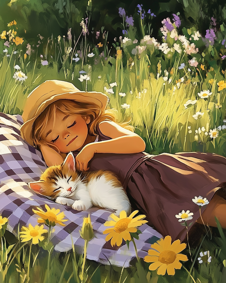 A young girl wearing a sun hat sleeps peacefully on a purple checkered blanket in a meadow, cuddling a fluffy kitten. Bright yellow and white daisies surround them, creating a serene and sunny atmosphere.