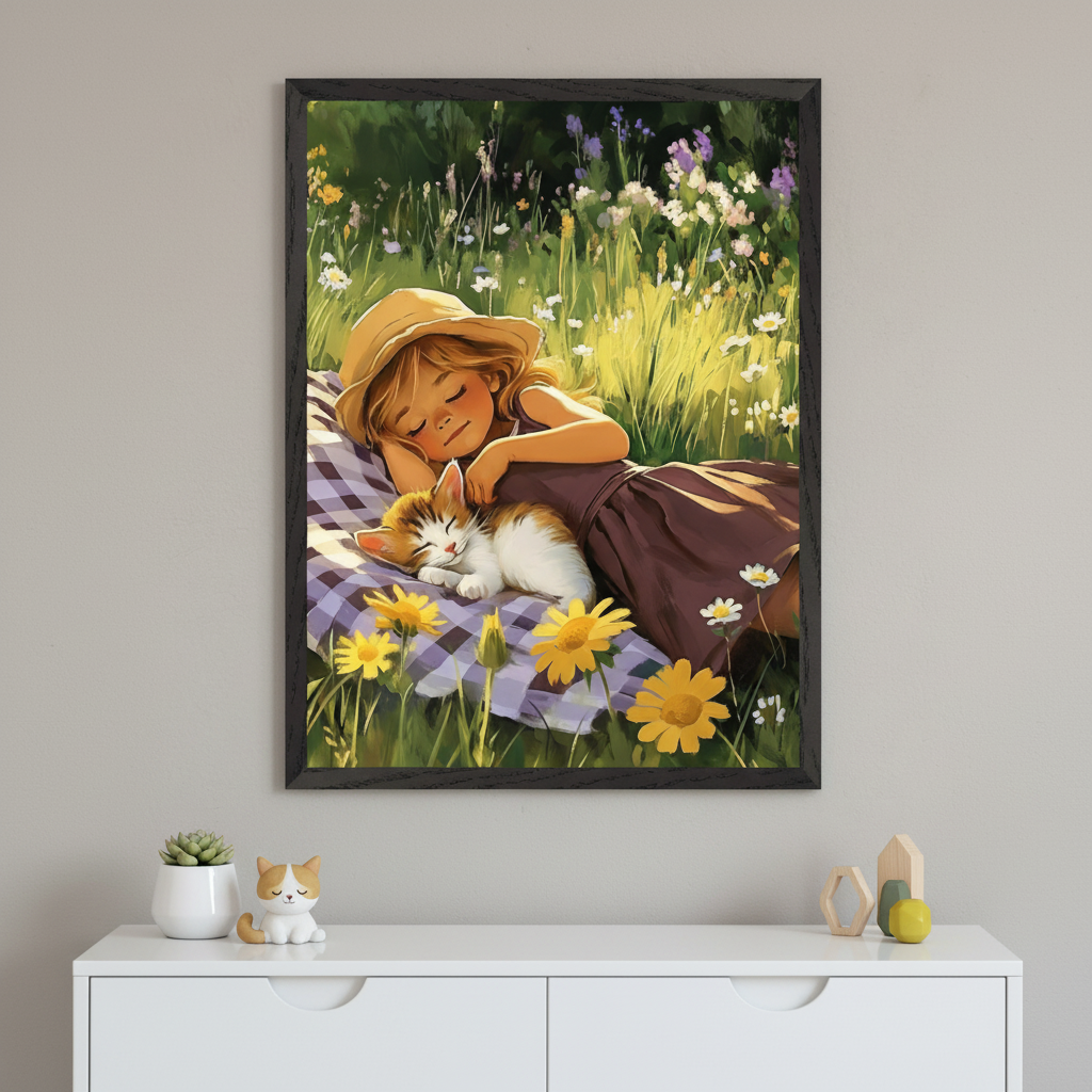 Framed illustration of a young girl in a sunhat peacefully napping on a checkered blanket in a wildflower-filled meadow, cuddling a fluffy orange-and-white kitten. The dreamy scene glows with golden sunlight, evoking a warm, tranquil moment of summer rest, displayed above a white dresser with soft cat-themed decor.