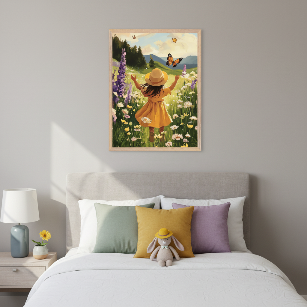 Bedroom with a grey upholstered bed, nightstand, and lamp. Centered above the bed, a framed painting shows a child in a yellow dress and hat, arms outstretched, in a sunny field of wildflowers with butterflies.