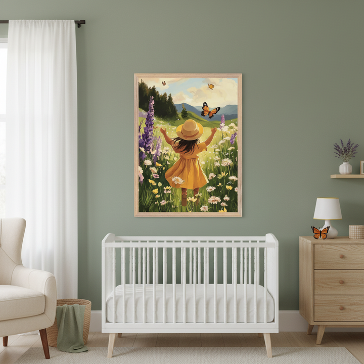 Modern nursery with a white crib and wooden dresser. Above the crib hangs a large framed print: a whimsical illustration of a girl in a yellow dress with open arms in a vibrant flower field with butterflies.
