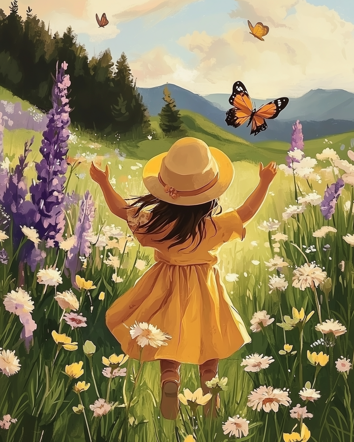 A young girl in a yellow dress and hat joyfully runs through a vibrant meadow filled with wildflowers, reaching towards two butterflies fluttering in the sunny sky. Lush green hills and distant mountains create a serene backdrop.