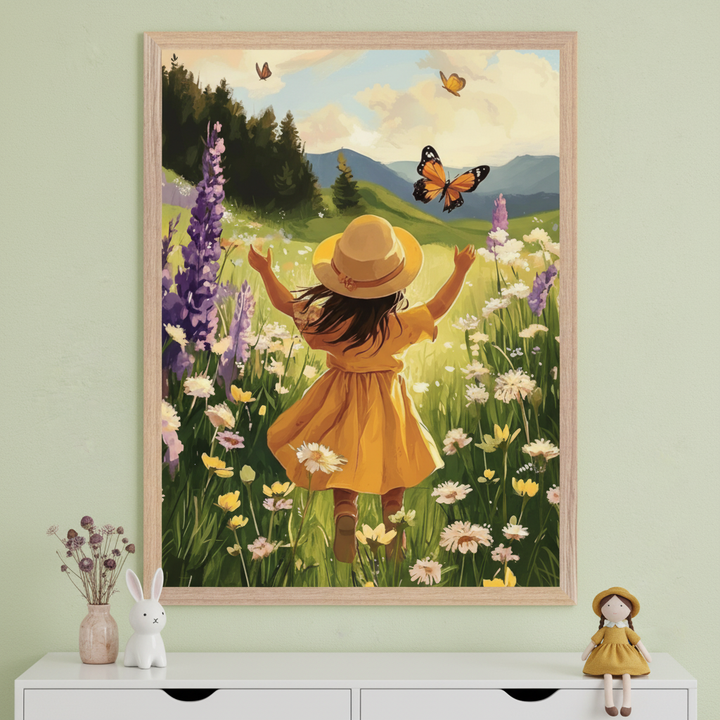 Framed illustration of a young girl in a yellow dress and sunhat running through a wildflower meadow, reaching toward fluttering butterflies under a bright sky with distant mountains. The artwork is displayed above a white cabinet with a ceramic bunny, a vase of dried flowers, and a matching yellow-dressed doll.