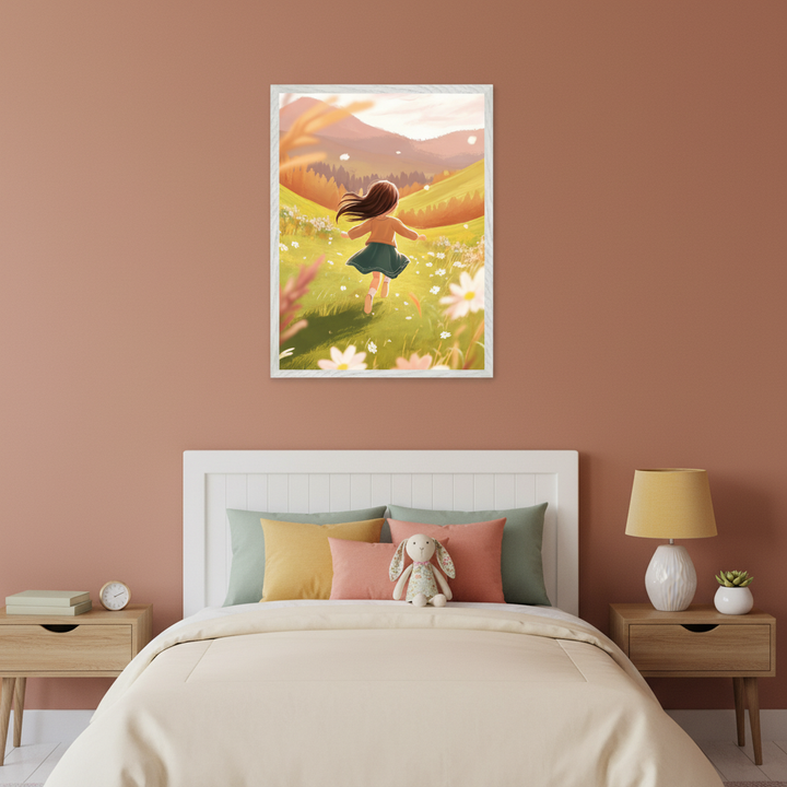 Cozy bedroom with a white bed, pastel pillows, and light wood nightstands. A large framed illustration of a young girl running through a flower field towards hills and a sunset hangs centered above the bed.