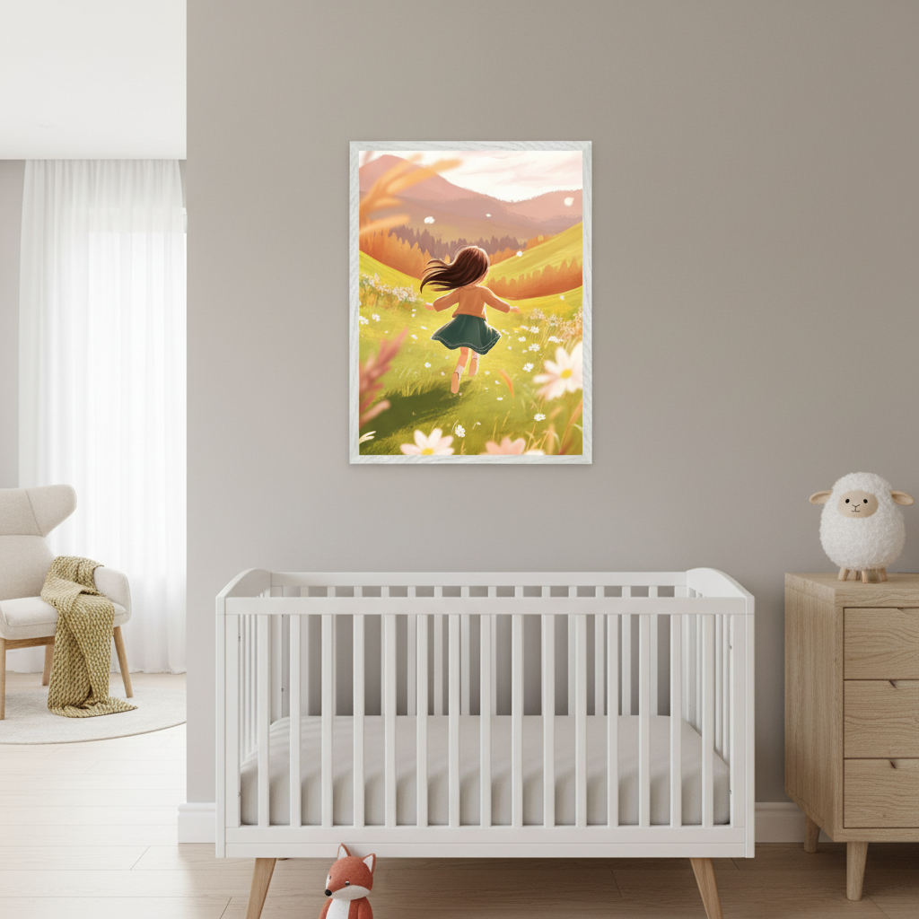 Modern nursery with a white crib, wooden dresser, and armchair. Above the crib hangs a framed illustration of a girl with long hair running through a vibrant green meadow with white and pink flowers and hills in the background.