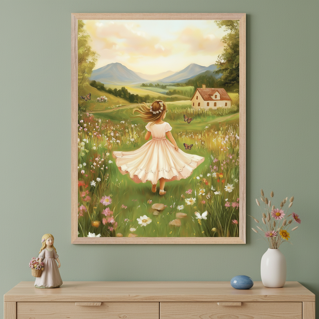 Kid's bedroom with a white dresser adorned with a vase of flowers, a wooden butterfly, and a smiling cloud figure. A large, white-framed painting hangs centered above it, showing a girl in a pink dress walking through a wildflower field towards a house and mountains at sunset.