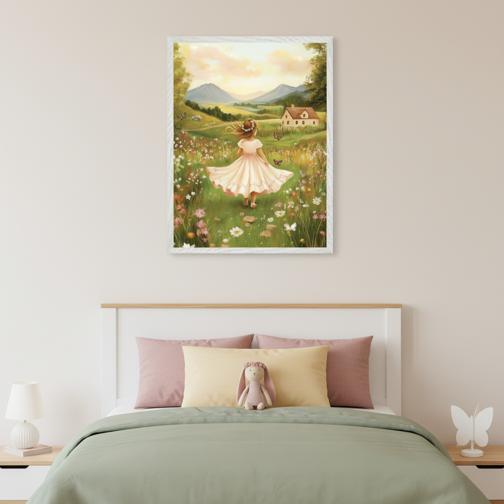 Kid's bedroom with a white bed, light green duvet, and pink and yellow pillows. A large framed print hangs centered above the bed, showing a young girl in a white dress twirling in a vibrant wildflower field with mountains and a farmhouse in the background, in a colorful, pastoral style.