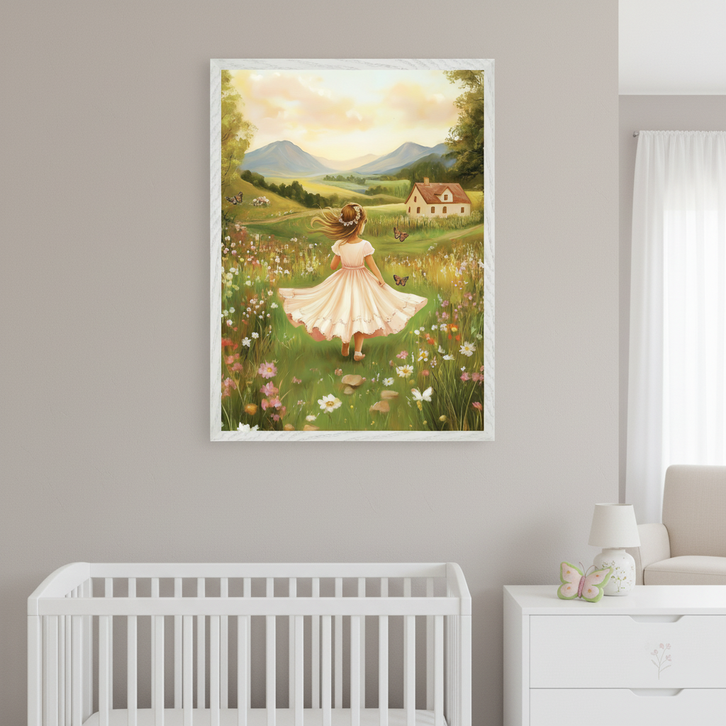 Modern nursery with a white crib and dresser. A large framed painting hangs above the crib, depicting a girl in a pink dress skipping through a wildflower field towards a house and mountains under a pastel sky, with butterflies.