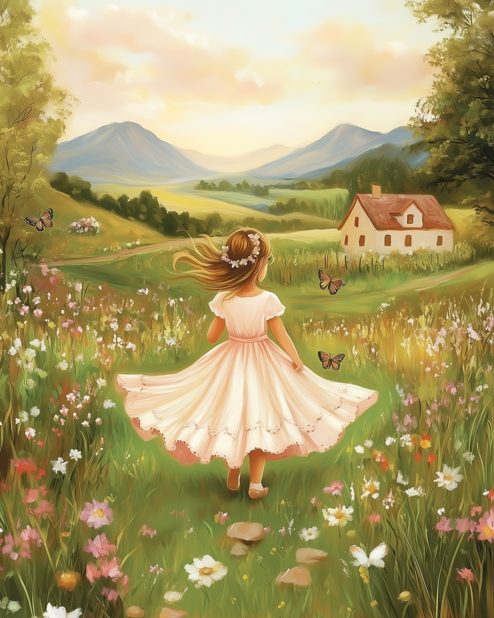 A young girl in a flowing pink dress and flower crown walks through a vibrant meadow, surrounded by colorful wildflowers and fluttering butterflies, with a quaint cottage nestled in the lush green hills and distant mountains under a warm, golden sky.