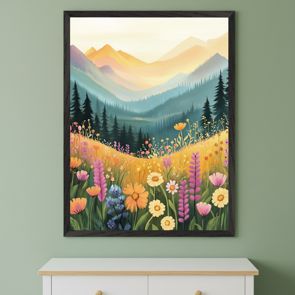 Modern room with a wooden dresser. Centered above, a large framed painting shows a vibrant illustrative landscape: layered mountains, a pine forest, and a field of colorful wildflowers. A vase and hedgehog figure are on the dresser.
