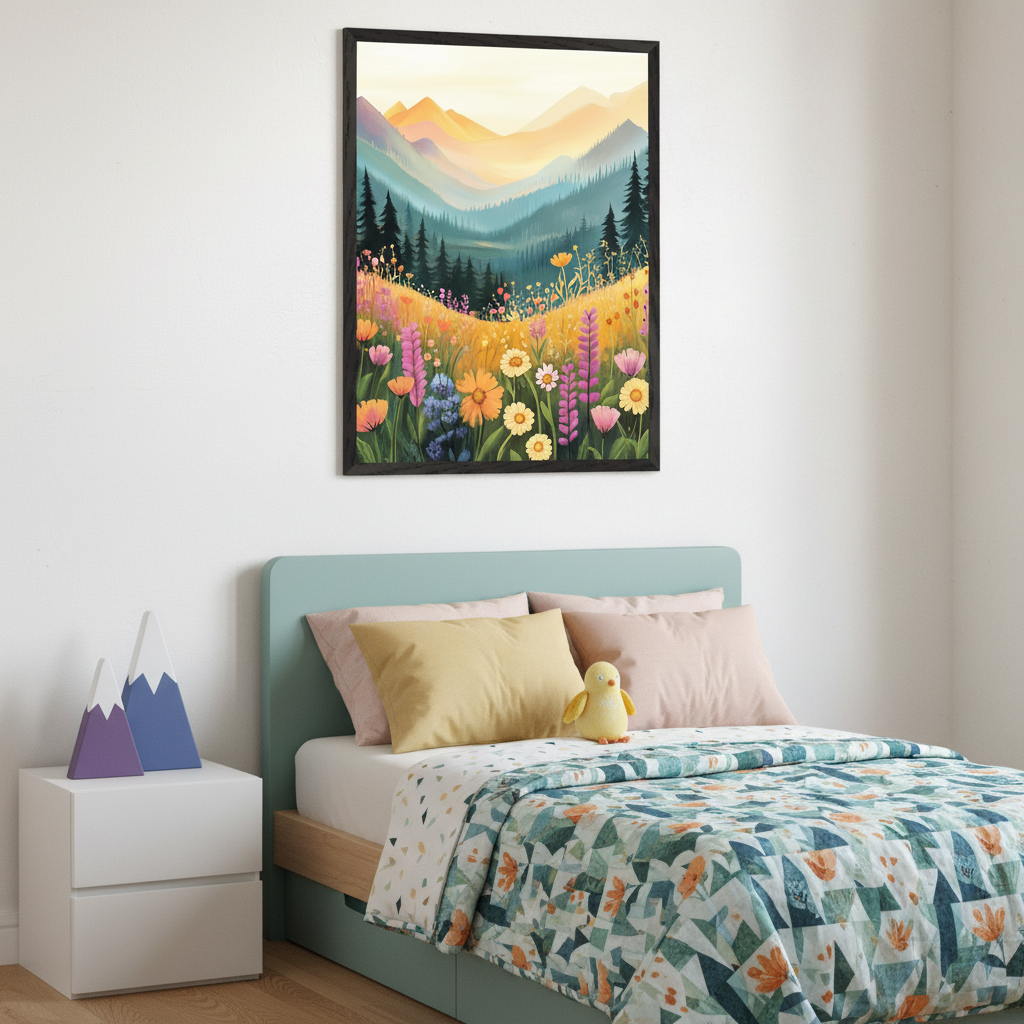 Kid's bedroom with a teal bed and white nightstand. A large framed wall art hangs above the bed, depicting a colorful, stylized landscape with layered mountains, pine trees, and a foreground of various vibrant wildflowers.