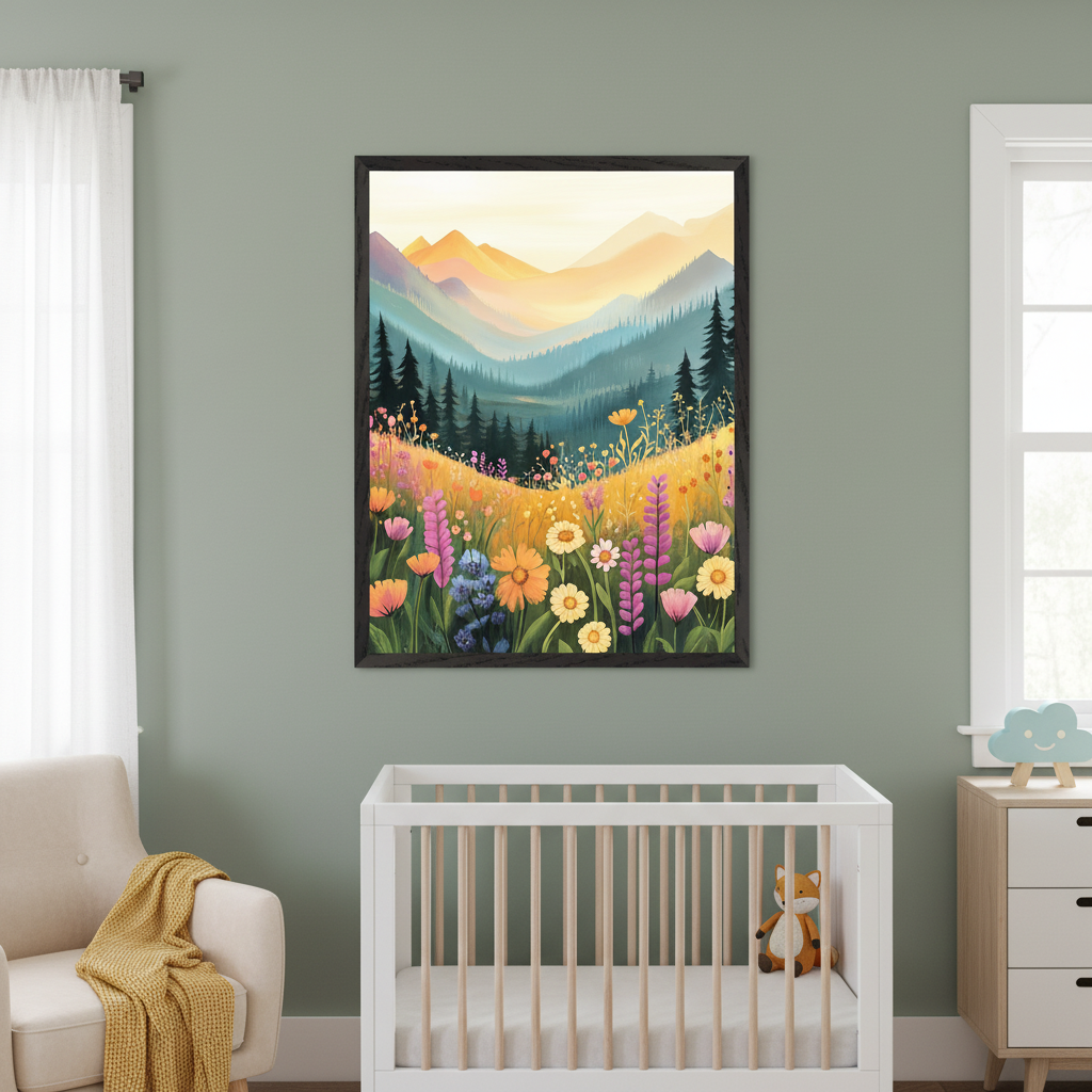 Modern nursery with a white crib on the right and a cream armchair on the left. A large framed print of a colorful mountain landscape with a vibrant wildflower field in the foreground, in a painterly style, hangs on the sage green wall, centered between the crib and armchair.