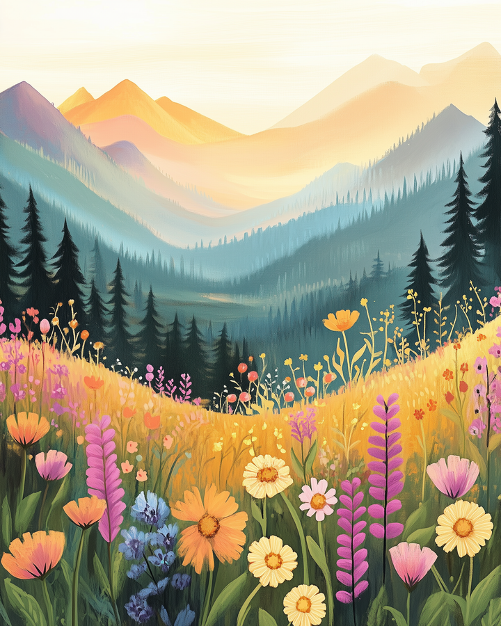 A vibrant landscape painting depicts a colorful meadow filled with wildflowers in the foreground, with hues of pink, yellow, and purple. Behind the meadow, a dense forest of evergreen trees stretches towards distant, softly lit mountains under a warm, golden sky.