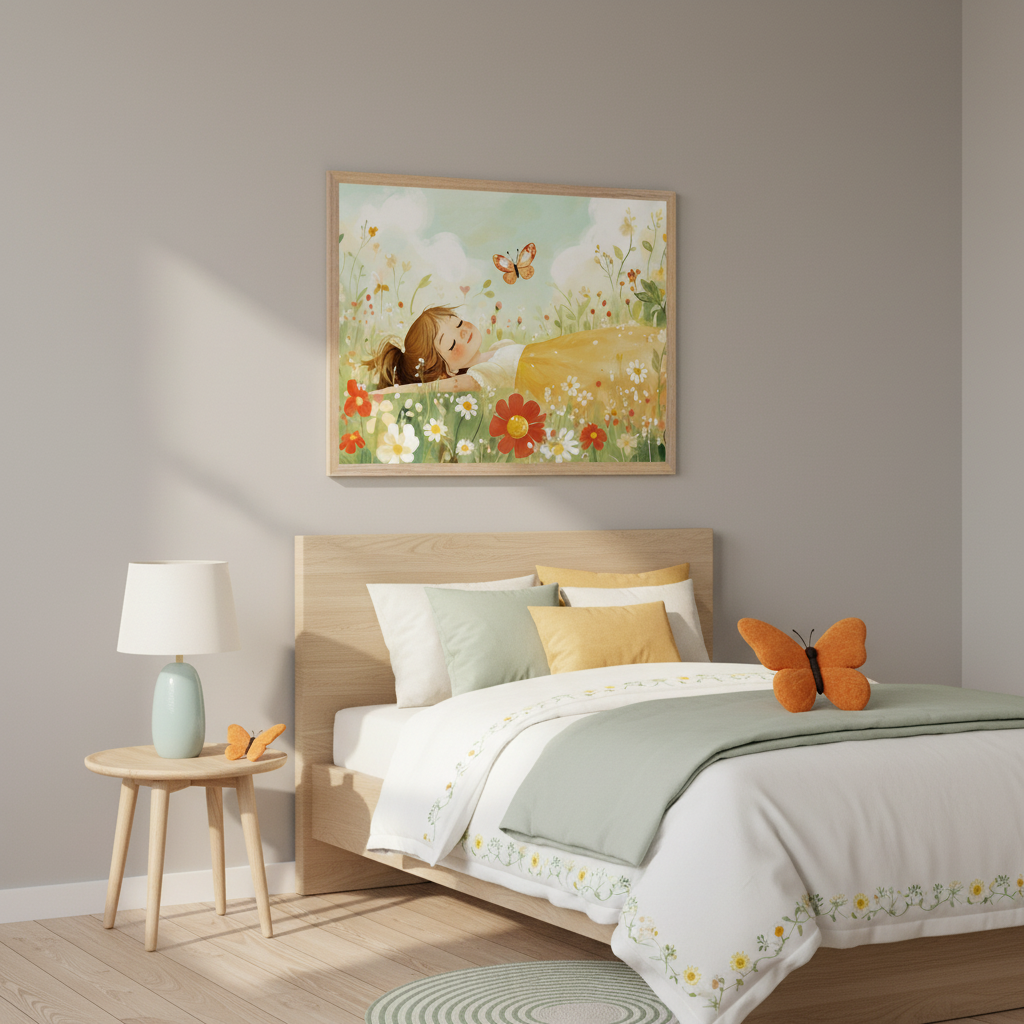 Kid's bedroom with a wooden bed. A large framed illustration of a girl lying in a flower field with a butterfly hangs above the bed. A nightstand with a lamp is next to the bed.