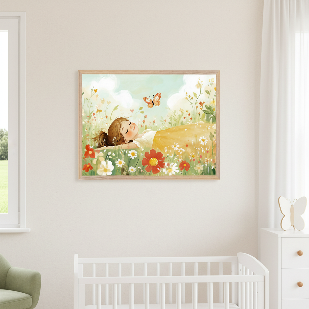 Nursery with a white crib, dresser, and green armchair. A light-framed print of a girl sleeping in a field of colorful wildflowers with a butterfly, in a whimsical style, hangs above the crib.