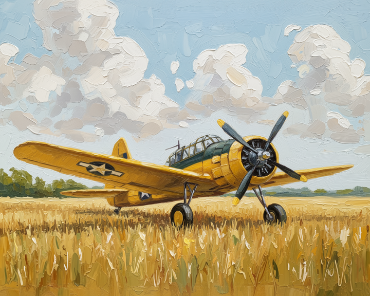 A vibrant yellow vintage military aircraft with a star insignia on its wing rests in a golden wheat field under a sky filled with fluffy white clouds.