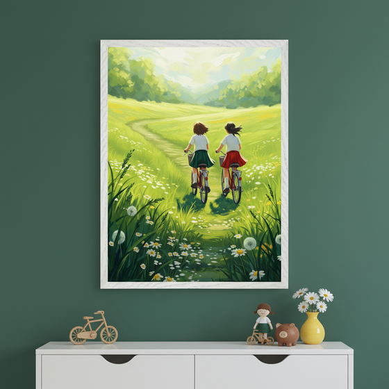 Framed illustration of two girls riding bicycles through a lush green meadow filled with daisies and dandelions, displayed above a white dresser with wooden bike decor and a yellow vase of fresh flowers.