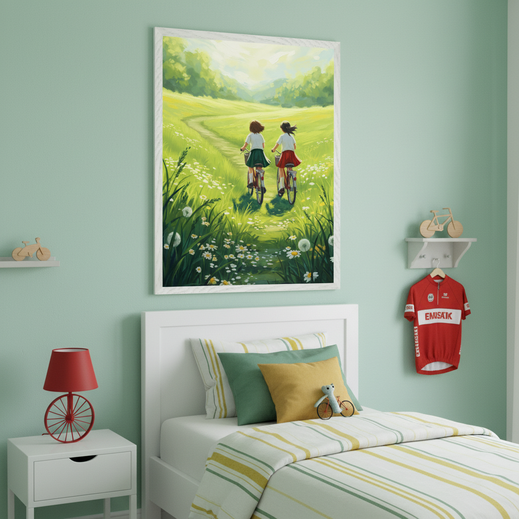 Cheerful bedroom featuring artwork of two girls cycling through a flower-filled path on a sunny day, hung above a white bed with striped bedding and bicycle-themed decorations.