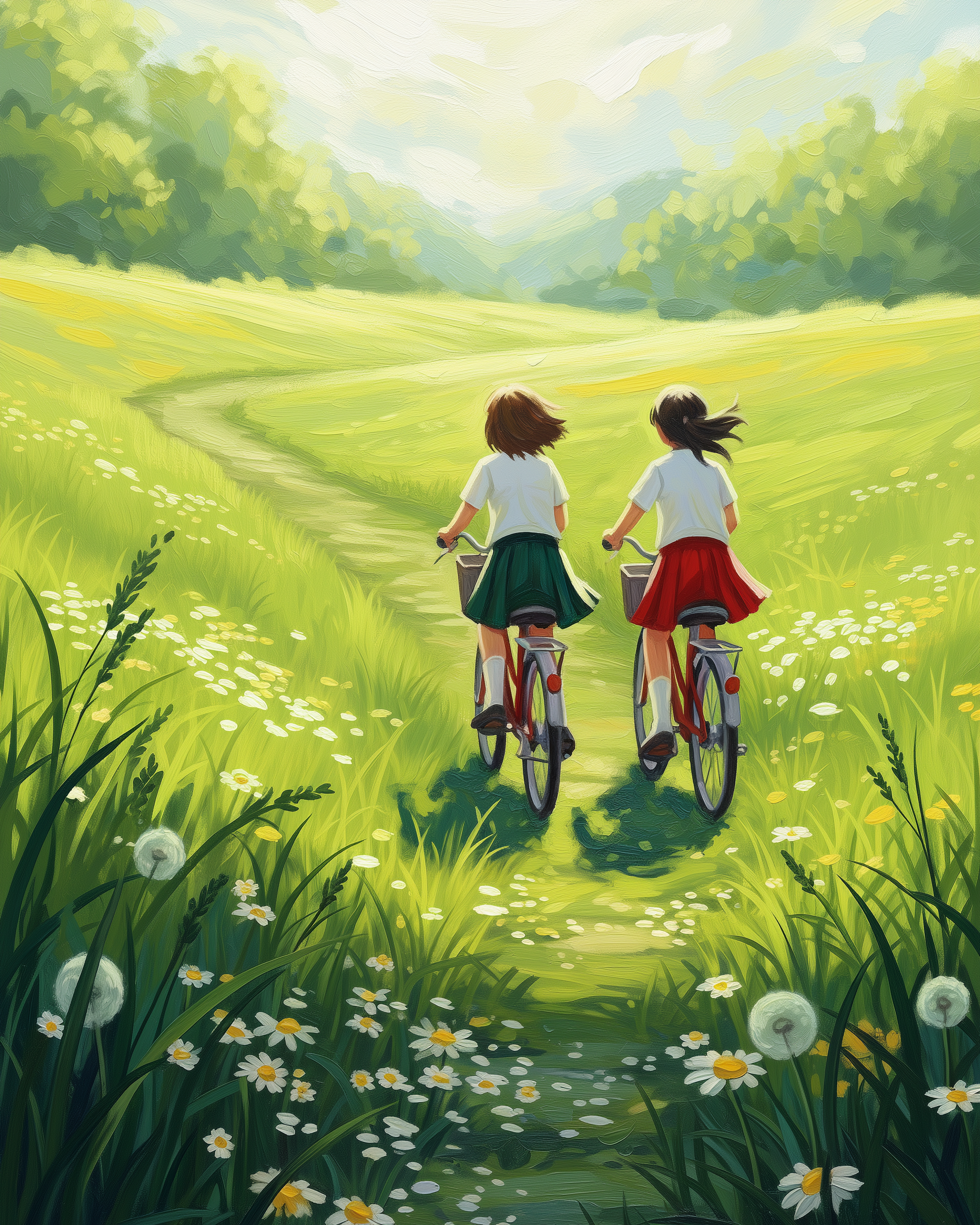 Two girls ride bicycles down a sunlit path through a lush, green meadow dotted with wildflowers. They wear white shirts and colorful skirts, one green and one red, as they pedal side by side under a bright, clear sky.