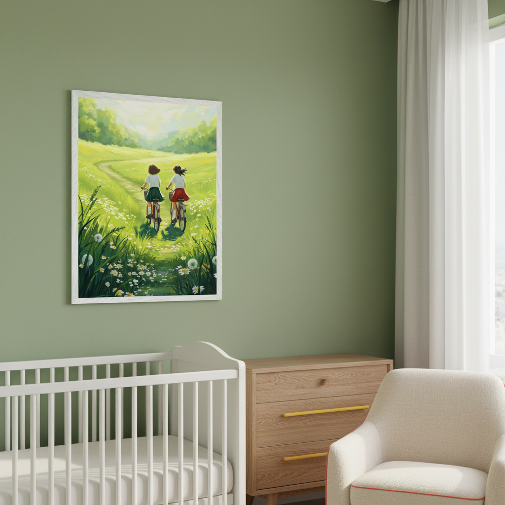 Nursery with soft green walls showcasing a framed print of two children biking through a sunlit field of wildflowers, placed above a white crib beside a wooden dresser and cozy reading chair.