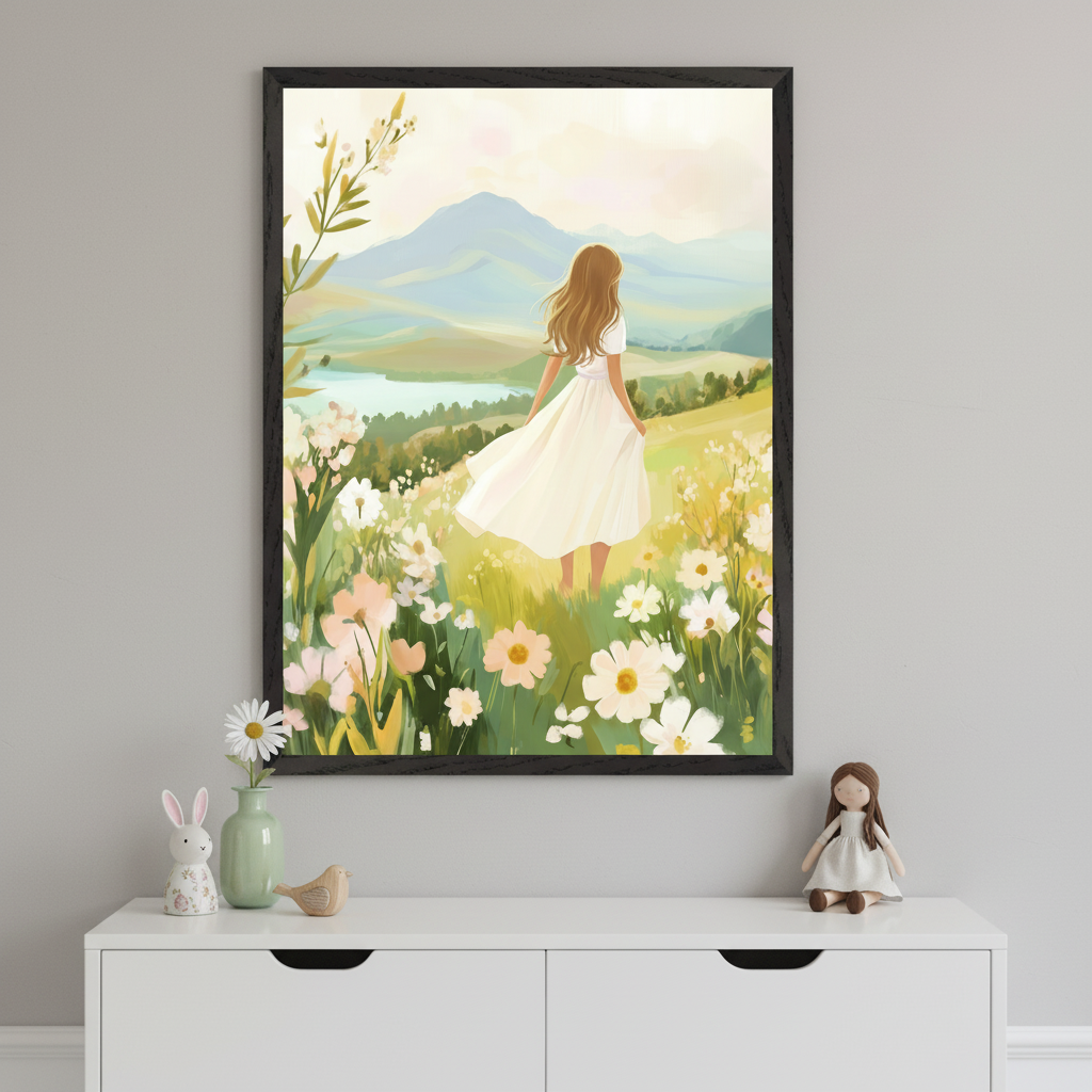 Framed artwork of a girl in a white dress standing barefoot in a meadow full of wildflowers, gazing toward distant blue mountains and a winding river, displayed above a white dresser with soft toys and ceramic decor.