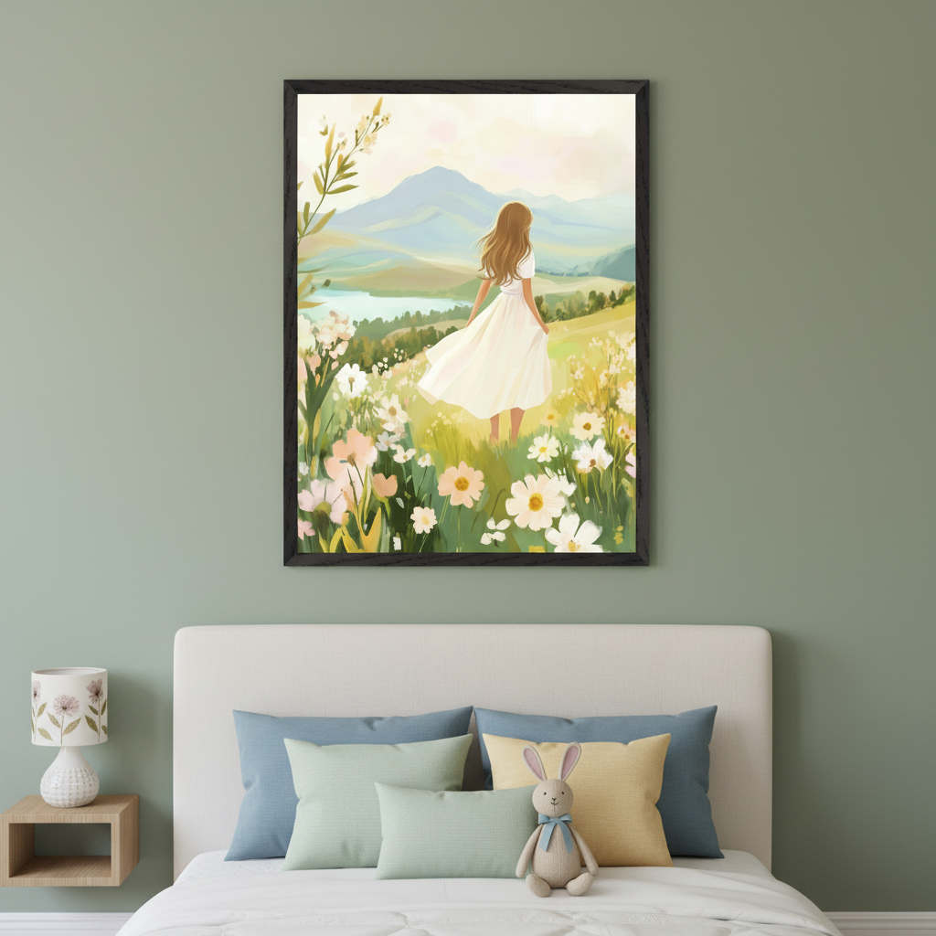 Serene bedroom featuring a framed painting of a girl surrounded by daisies and wildflowers on a sunny hillside, looking out at a scenic mountain valley, hung above a bed with pastel pillows and a bunny plush.