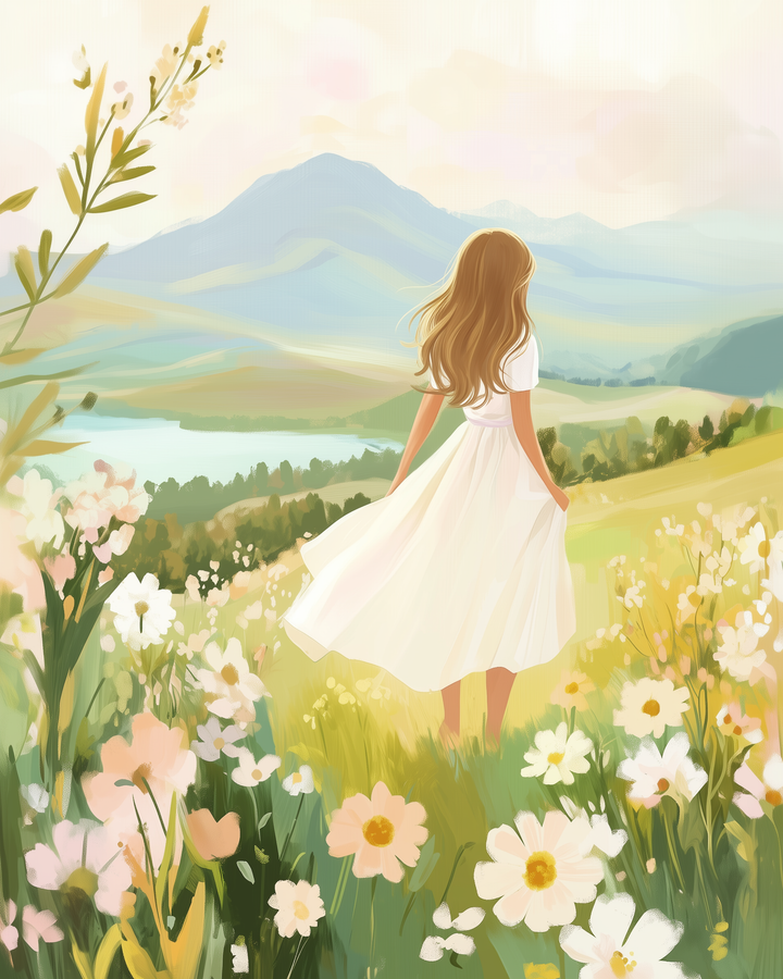 A woman in a flowing white dress stands in a vibrant meadow filled with pink and white flowers, gazing towards distant blue mountains under a soft, pastel sky.
