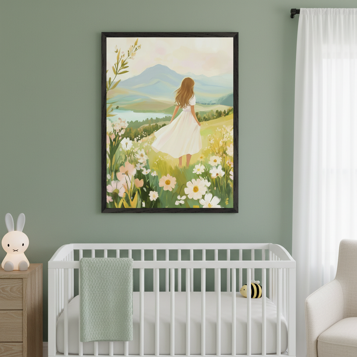 Peaceful nursery with a framed print of a young girl in a flowing dress walking through a bright flower-filled field, hung above a white crib with a mint green blanket and soft bunny nightlight.