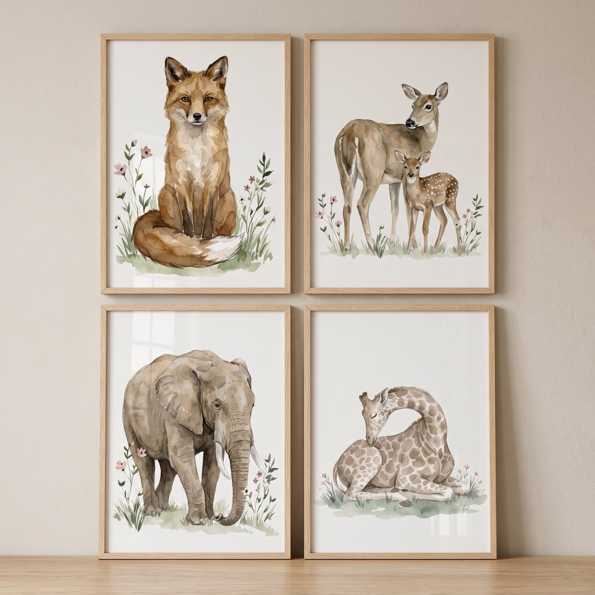 Meadow Wildflower Nature Animal Wall Art Set of 4 - Gentle Nature Friends
