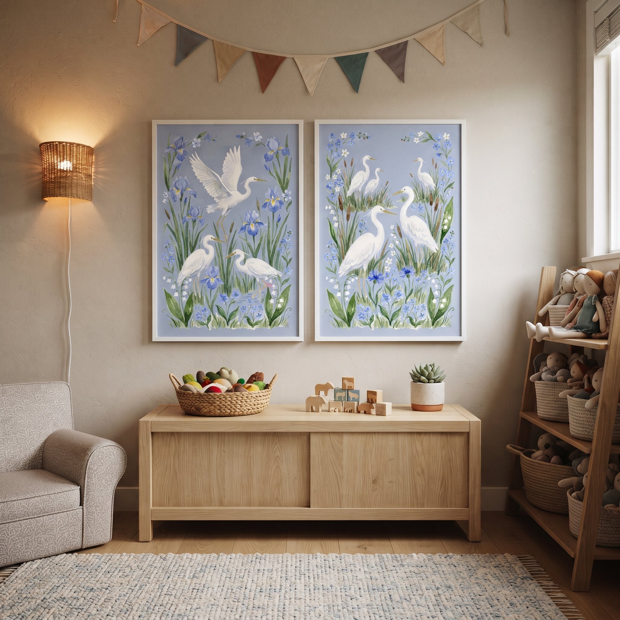 Meadow Wildflower White Egret Bird Wall Art Set of 2 - White Heron Bloom