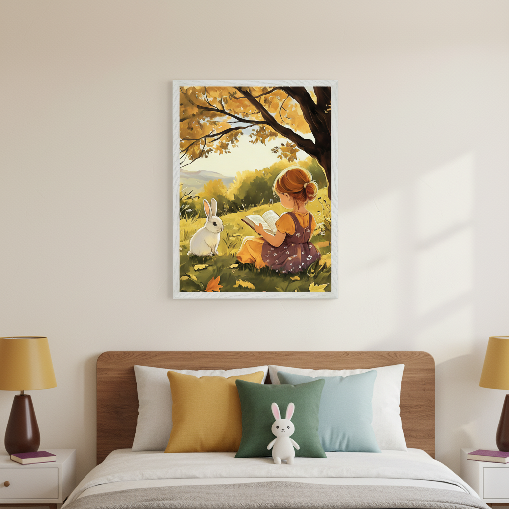 Kid's bedroom with a wooden bed and colorful pillows. A framed illustration of a red-haired girl reading next to a white rabbit under a tree hangs centered above the bed. White nightstands with yellow lamps flank the bed. A white rabbit plush toy sits on a green pillow.