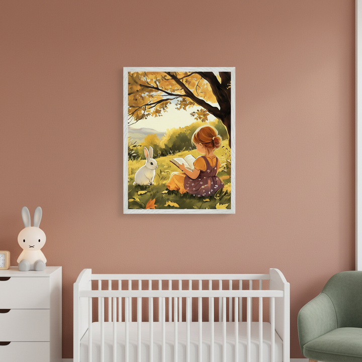 Modern nursery with a white crib, dresser, and green armchair. A framed illustration of a girl reading next to a white rabbit under an autumn tree hangs on the terracotta wall above the crib.